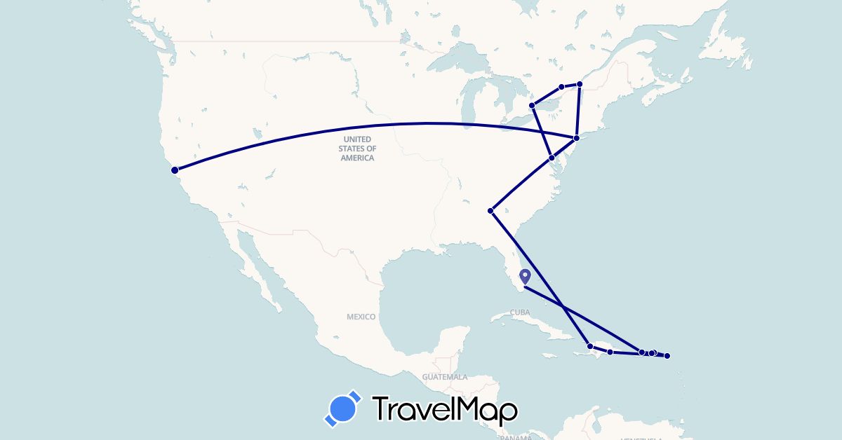 TravelMap itinerary: driving in Canada, Dominican Republic, Haiti, Netherlands, United States, British Virgin Islands (Europe, North America)
